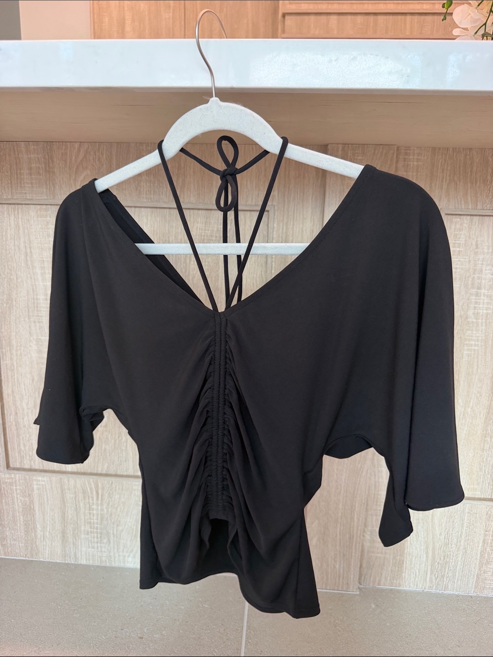 White House Black Market Black Ruched-Back Tie-Detail Tunic